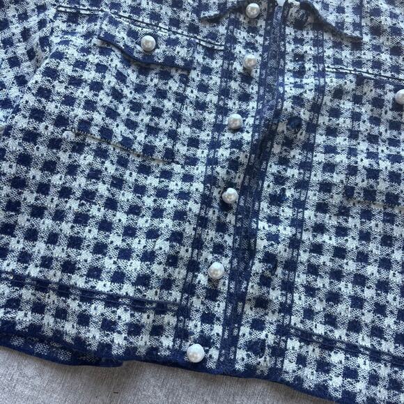 Sandro Blue White Checkered Tweed Jacket with Pearl Buttons - Picture 3 of 5